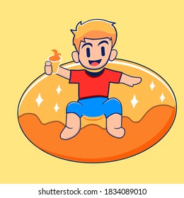 Man Floating On a Cork Vector Icon Illustration. Recreation Icon Concept. Flat Cartoon Style Suitable for Web Landing Page, Banner, Sticker, Background