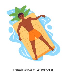 Man floating on inflatable mattress. Male character swimming on pineapple shaped inflatable toy in swimming pool or sea flat vector illustration. Guy relaxing on ananas rubber mattress