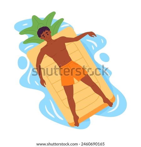 Man floating on inflatable mattress. Male character swimming on pineapple shaped inflatable toy in swimming pool or sea flat vector illustration. Guy relaxing on ananas rubber mattress