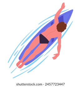 Man floating on sup board. Guy swimming on surf board in ocean or lake, water sport and recreation flat vector illustration. Cartoon male character relaxing sup board