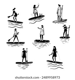 A man is floating on a SUP board. Diverse Paddleboarding. Black and white illustration