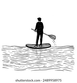 Un hombre está flotando en un tablero SUP. Paddleboarding diverso. Ilustración en blanco y negro