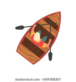 Man Floating on Wooden Boat, Top View Vector Illustration on White Background.