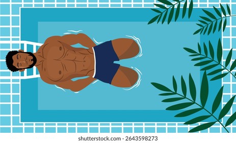 Um homem flutuando pacificamente em uma piscina cercada por vegetação tropical
