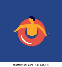 Man floating relaxing on the red rubber ring top view in the swimming pool vector flat design illustration.