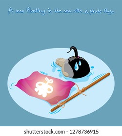 A man floating in the sea with a Pirate flag.