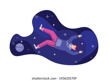 Man floating in the sky among stars, isolated vector cartoon illustration.