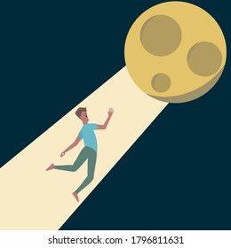 A man is floating in the space and going to the moon by light moon.