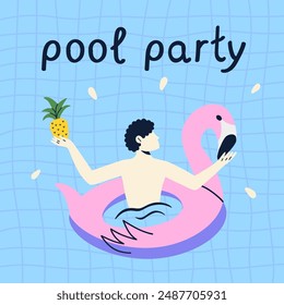 Man floats in flamingo inflatable ring with pineapple. Summer party illustration for poster, card, background, discount flyer. 