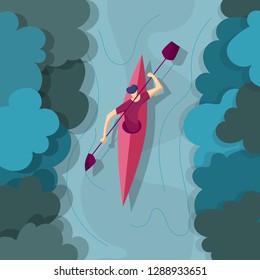 Man floats on the river in a kayak. Kayaking on the river. Rafting on kayak.Vector illustration in flat style