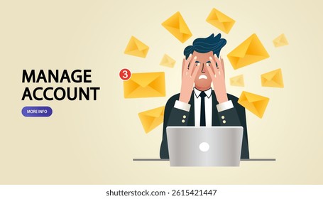 Man was flooded with letters. Paper avalanche for businessman. Male office worker overloaded with paperwork from computer. busy clerk in routine. heap of business letters and online documents. Vector