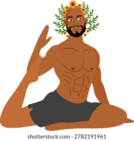 Man with floral crown practicing seated twist yoga pose