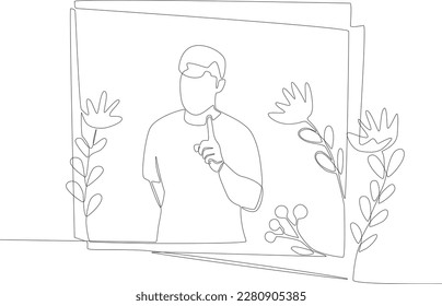 A man in a floral frame giving a forefinger pose. Floral frame one line drawing