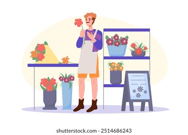 Man florist with flowers. Young guy with bouquet in flower shop. Romantic gift, present and surprise. Small business owner with plants. Flat vector illustration isolated on white background
