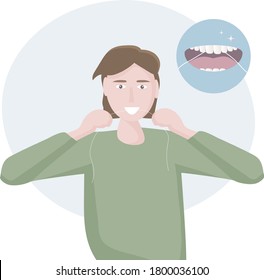 A man flossing his teeth. Example of care - open mouth with tongue and healthy clean teeth. Mouth hygiene every day.  Vector illustration flat desig