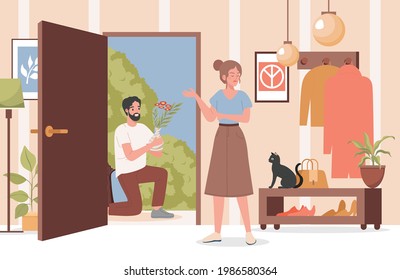 Man with flower bouquet apologizing to his girlfriend or wife vector flat illustration. Angry offended woman trying to forgive her husband or boyfriend. Troubles in couple relationships concept.