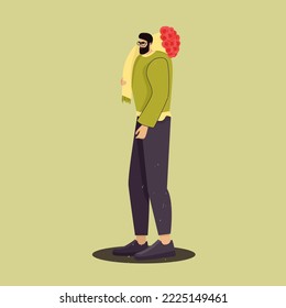 man flower Dating love meeting art.Handsome man with a bouquet of flowers. Vector illustration in a flat style