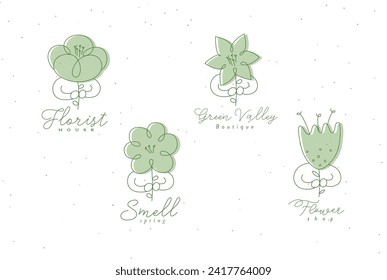 Man with flower labels set drawing in minimalism linear style on beige background