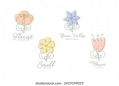 Man with flower labels set drawing in minimalism linear style color