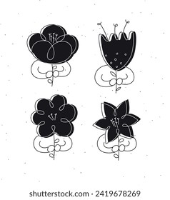 Man with flower set drawing in minimalism linear style drawing black on white background