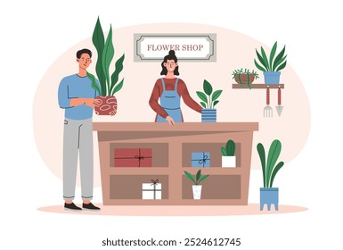 Man in flower shop. Young guy near pot with tropical and exotic leaves. Romantic gift or present. Florist with client and fresh flowers. Flat vector illustration isolated on white background