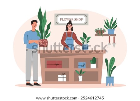 Man in flower shop. Young guy near pot with tropical and exotic leaves. Romantic gift or present. Florist with client and fresh flowers. Flat vector illustration isolated on white background