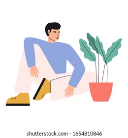 Man and flower. A man is sitting near the flower. Boy cultivating home garden. Plant with big leaves. Flat vector illustration isolated on white background