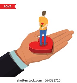The man with a flower standing on a red heart, which holds a big hand.  Valentines day, love, relationship, friendship isometric illustration concept.  Isolated on  white background
