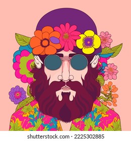 Man in flower wreath. Cartoon man and flowers. Vector illustration. hippie girl in round sunglasses. Vector colorful background in pop art retro comic style.