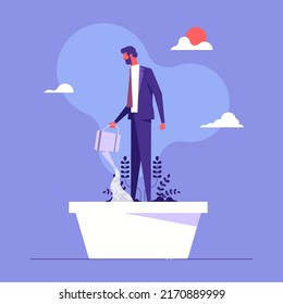 Man in flowerpot watering himself. Concept for self-improvement, personal development, professional growth, flat design vector illustration