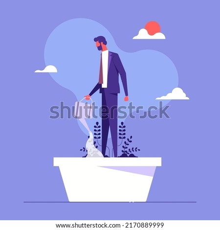 Man in flowerpot watering himself. Concept for self-improvement, personal development, professional growth, flat design vector illustration