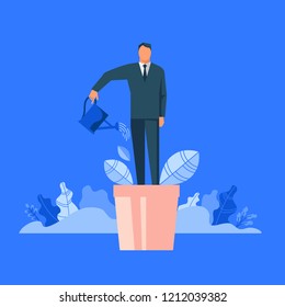 Man In Flowerpot Watering Himself. Flat Design Vector Illustration Concept For Self-improvement, Personal Development, Professional Growth Isolated On Bright Background