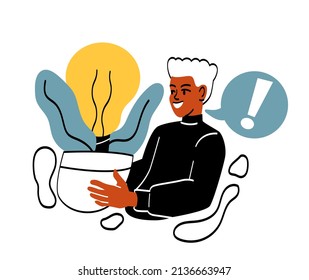 Man and flowerpot. Young guy growing his idea. Entrepreneur and startup. Innovation and development of company. Inspiration and creative personality, hardworking boy. Cartoon flat vector illustration