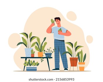 Hombre con macetas de flores. Un chico joven se encarga de las plantas, se ocupa de la naturaleza y del amor por las flores. Jardinería en apartamento o casa privada, elementos de decoración, estanterías en el interior. Dibujo vectorial plano de dibujos animados