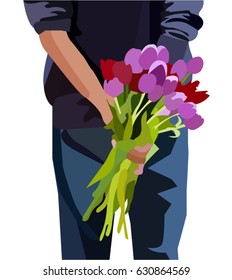 man with flowers behind back