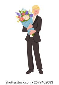 Man with flowers. Blond groom in black suit holds bouquet of flowers. Flat vector character