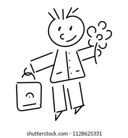 A man with flowers and a briefcase. Children's drawing. Vector