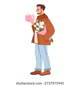 Man With Flowers and Gift. Romantic flat illustration of a man holding a gift and flower bouquet. Perfect for Valentine’s Day, anniversary, or love themed designs.