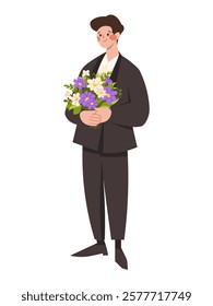 Man with flowers. Groom in black suit holds bouquet of flowers. Flat vector character