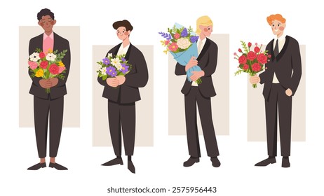 Man with flowers. Groom in suit holds bouquet. Flat vector character for wedding design, greeting cards for women