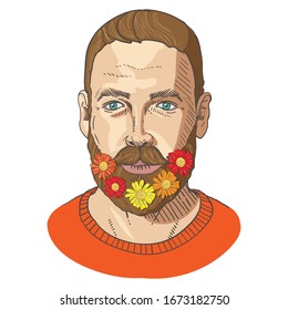 Hombre con flores en la barba de fondo blanco. La barba del hombre está decorada con flores. Ilustración vectorial. Dibujo hecho a mano.