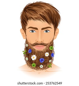 Man with flowers in his beard. Isolated vector illustration.