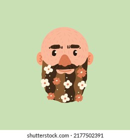 Man with flowers in his beard. Simple hand drawn vector illustration