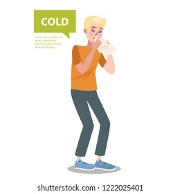 Man with flu or cold sneezing. Common symptom of virus infection. Idea of healthcare and treatment disease. Flat vector illustration