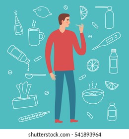 Man with flu and cold symptom including doodle treatment elements on background, such as pills, syrups, food. Hand drawn health-care elements for your design.