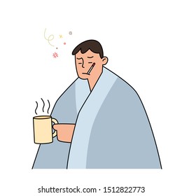 man with flu and cold under the blanket holding a hot tea and holding a thermometer in her mouth,  hand drawn style vector illustration.