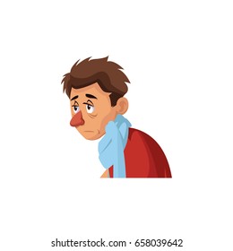 man with flu and fever wrapped in scarf holding handkerchief