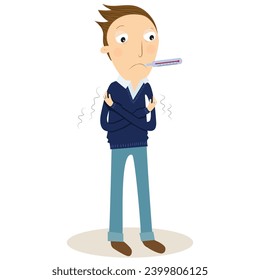 Man with flu. Having a cold with thermometer in his mouth. Vector Illustration.