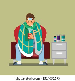 Man with Flu sickness  Sitting and taking medicine on the sofa,Vector illustration cartoon character.