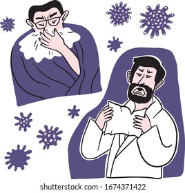 A man with the flu, sneezing, blowing his nose, runny nose, virus, cold